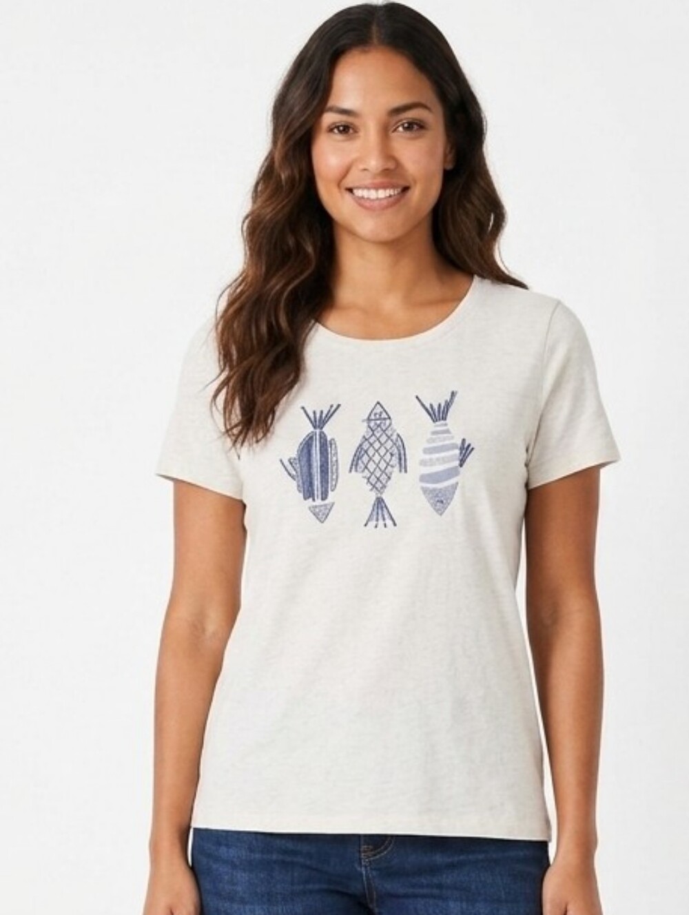 Talbots Cream Short-Sleeve Tee with Navy Fish Motif